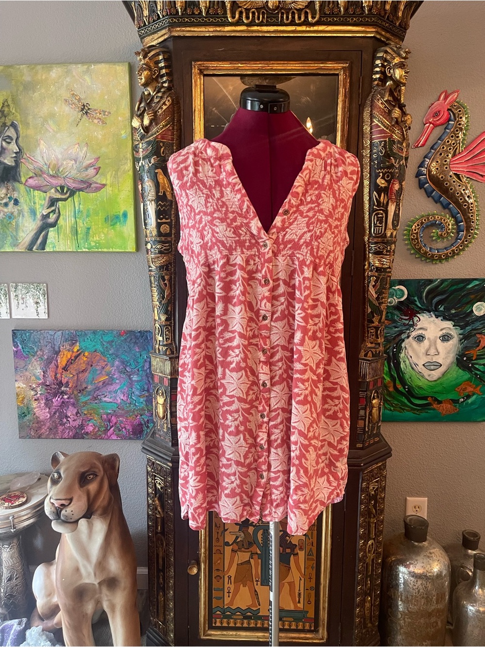Sleeveless Pink Floral Button-Front Women's Top or Cover-up